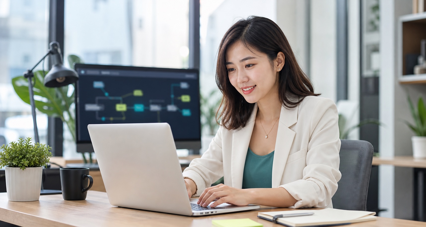 Nữ nhân viên trẻ làm việc với hệ thống AI trong văn phòng hiện đại
